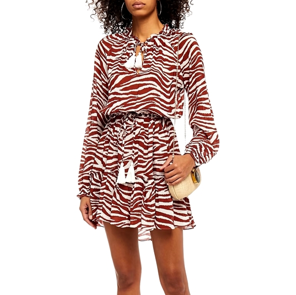 Veronica Beard Danica Gathered Waist Tiger Print Tasseled Dress